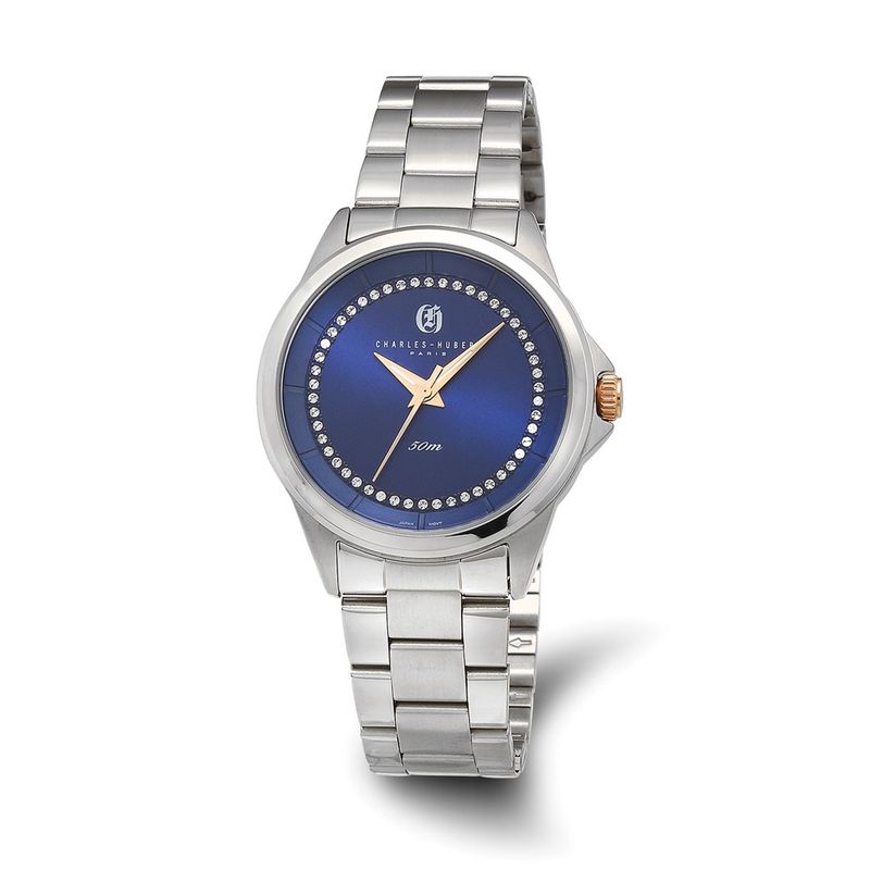 Charles Hubert Mens Stainless Steel Blue Crystal Dial Watch